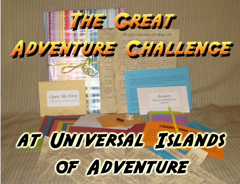 May include: A collection of adventure-themed items, including cards, notes, and a dice, with the text "THE GREAT ADVENTURE CHALLENGE" and "AT UNIVERSAL ISLANDS OF ADVENTURE". The items are tied together with a green ribbon.