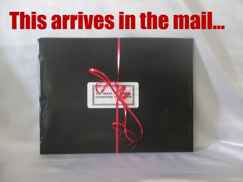 May include: A rectangular package wrapped in black paper, tied with a red ribbon. A white label with black text is affixed to the front. The text at the top reads, "This arrives in the mail..."