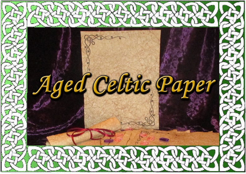 May include: Aged Celtic Paper is displayed in this image. The image shows a parchment-like paper with decorative Celtic knot borders. The text "Aged Celtic Paper" is in a gold font. A rolled scroll with a ribbon and some decorative elements are also visible.