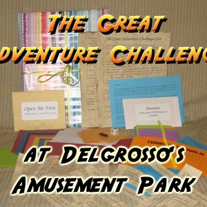 May include: A collection of adventure challenge materials, including cards, envelopes, and a list, with the text "THE GREAT ADVENTURE CHALLENGE" and "AT DELGROSSO'S AMUSEMENT PARK". The items are tied together with a green ribbon.