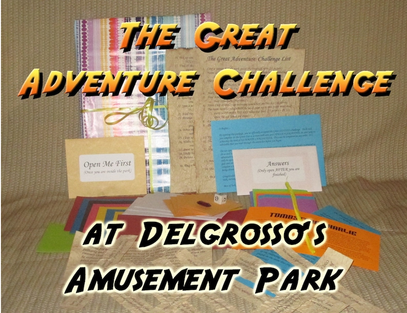 May include: A collection of adventure challenge materials, including cards, envelopes, and a list, with the text "THE GREAT ADVENTURE CHALLENGE" and "AT DELGROSSO'S AMUSEMENT PARK". The items are tied together with a green ribbon.
