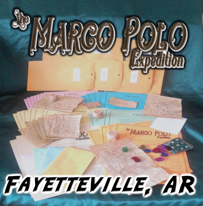 May include: A display of aged paper documents and envelopes, featuring the text "The Marco Polo Expedition" and "Fayetteville, AR". The documents are labelled with countries such as China and Russia.
