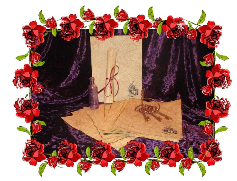May include: A decorative composition featuring aged paper, a rolled scroll tied with a burgundy ribbon, and a small purple bottle. Antique bronze keys are placed on the paper. The scene is framed by a border of red roses.