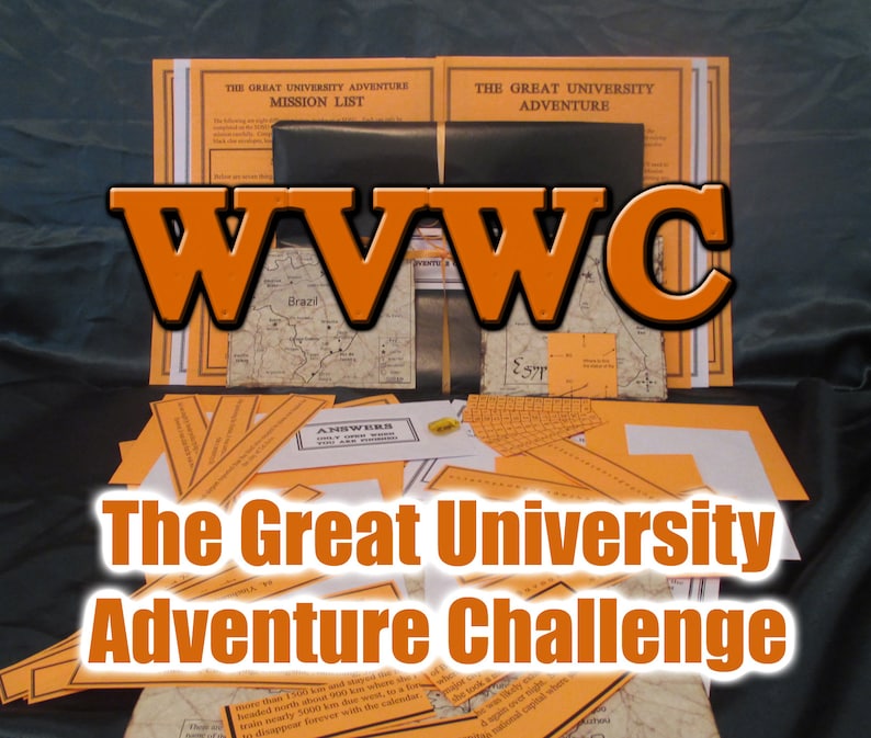 May include: An assortment of materials for "The Great University Adventure Challenge" game. Includes orange and white printed papers, maps, and a black folder. The title "WWWC" is in large orange letters. The words "The Great University Adventure Challenge" are also visible.