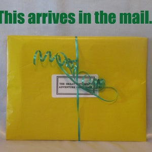 May include: A yellow package wrapped in paper, tied with a teal ribbon and bow. The text "This arrives in the mail..." is above the package in green. A white label with black text is on the package.