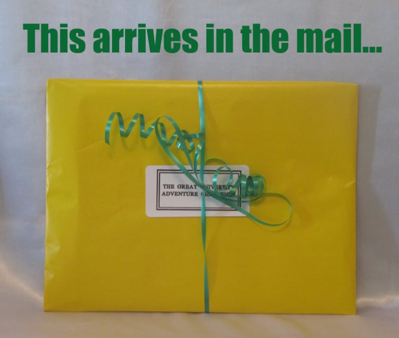 May include: A yellow package wrapped in paper, tied with a teal ribbon and bow. The text "This arrives in the mail..." is above the package in green. A white label with black text is on the package.