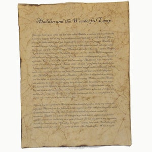 May include: Aged parchment paper with the title "Aladdin and the Wonderful Lamp" in elegant script. The paper is filled with handwritten text, suggesting a vintage storybook page. The paper has a worn, antique appearance.