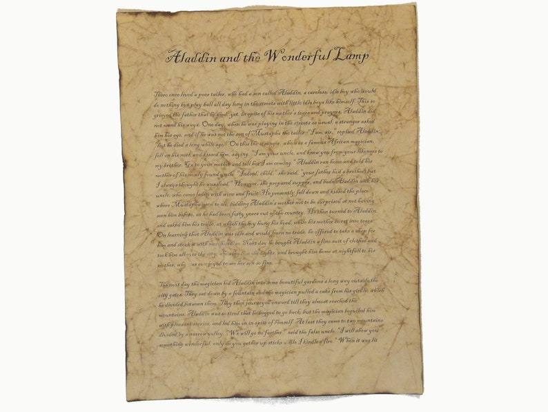 May include: Aged parchment paper with the title "Aladdin and the Wonderful Lamp" in elegant script. The paper is filled with handwritten text, suggesting a vintage storybook page. The paper has a worn, antique appearance.