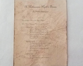 May include: Aged paper with the title "A Midsummer Night's Dream" by William Shakespeare. The text is handwritten in black ink, with a vintage aesthetic. The paper has a textured, aged appearance with brown edges.
