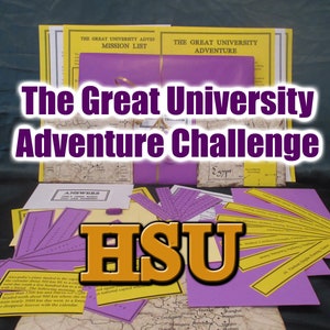 May include: A collection of materials for "The Great University Adventure Challenge." The image features a purple-wrapped package, yellow mission lists, and various game components, including maps and cards. The letters "HSU" are prominently displayed.