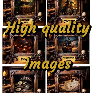 May include: A collage of pirate-themed images within ornate frames. The images include a treasure chest, a pirate captain, a ship, a map, doubloons, and a cave scene. The text "High quality Images" is displayed across the images.