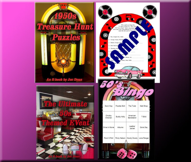 May include: A collection of 1950s-themed digital products. Includes a jukebox, a bingo game, a treasure hunt puzzle, and a themed event guide. The products feature retro graphics and text, with a pink and black color scheme.