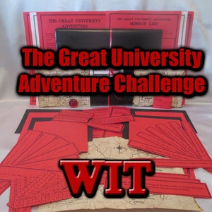 May include: A collection of red and black paper items, including maps, lists, and cards, arranged on a white surface. The text "The Great University Adventure Challenge" is prominently displayed in red. The word "WIT" is also visible.