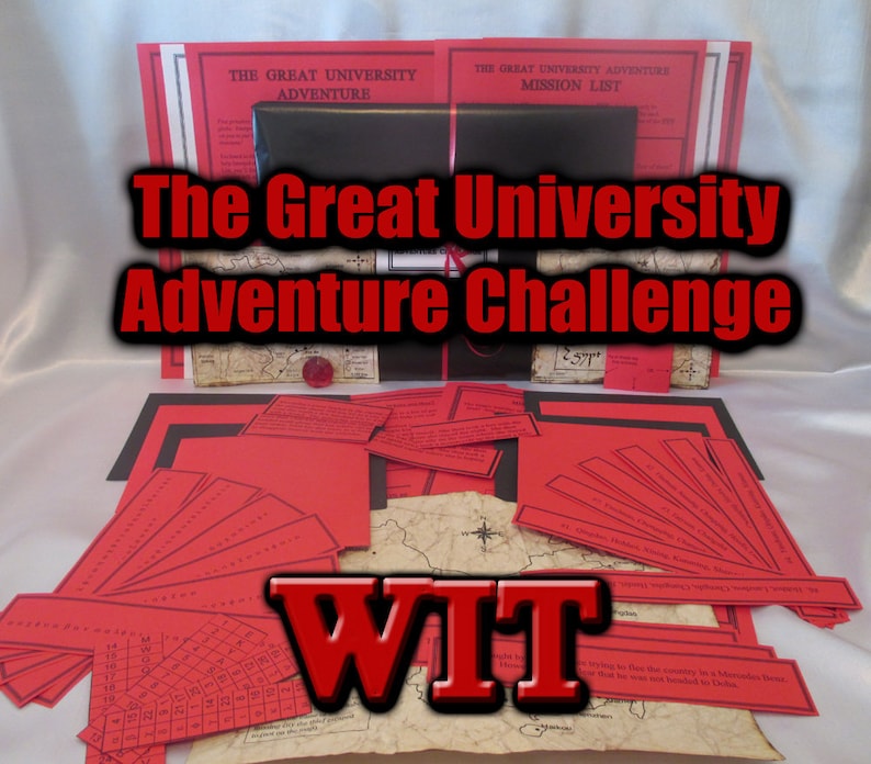 May include: A collection of red and black paper items, including maps, lists, and cards, arranged on a white surface. The text "The Great University Adventure Challenge" is prominently displayed in red. The word "WIT" is also visible.