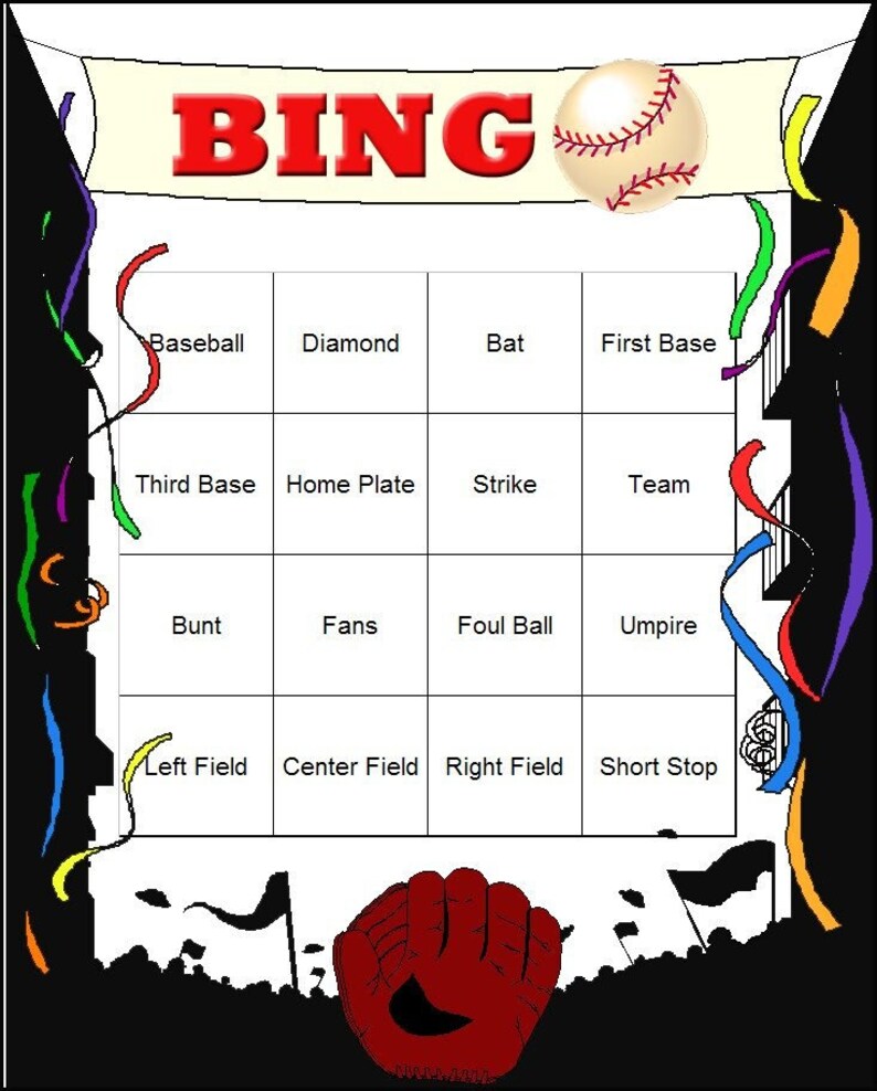 May include: A baseball bingo card with the word "BING" in red. The card includes baseball terms such as "Baseball," "Diamond," and "Bat." A baseball graphic is at the top, and a red baseball glove is at the bottom.