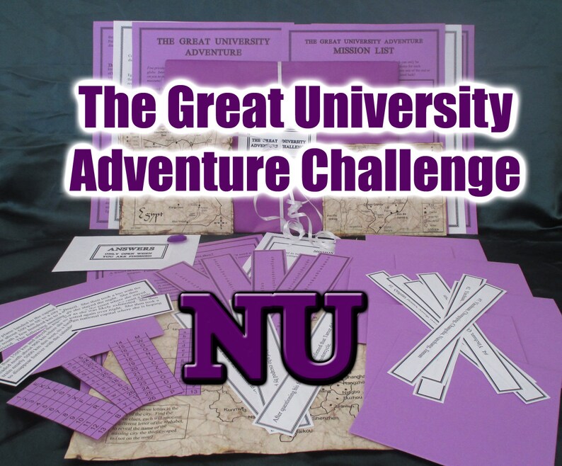 May include: A collection of purple and tan paper materials, including maps, cards, and booklets, arranged on a dark surface. The text "The Great University Adventure Challenge" is prominently displayed. The letters "NU" are also visible.