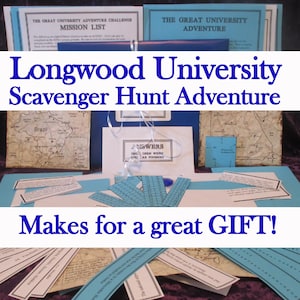 May include: A Longwood University Scavenger Hunt Adventure kit. The kit includes mission lists, maps, and answer sheets. The text "Makes for a great GIFT!" is displayed. The kit is designed for a university adventure challenge.