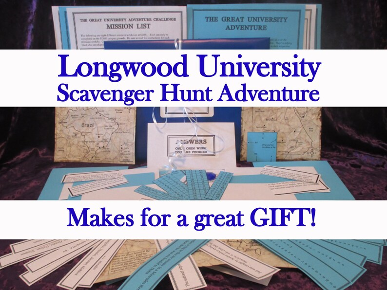 May include: A Longwood University Scavenger Hunt Adventure kit. The kit includes mission lists, maps, and answer sheets. The text "Makes for a great GIFT!" is displayed. The kit is designed for a university adventure challenge.