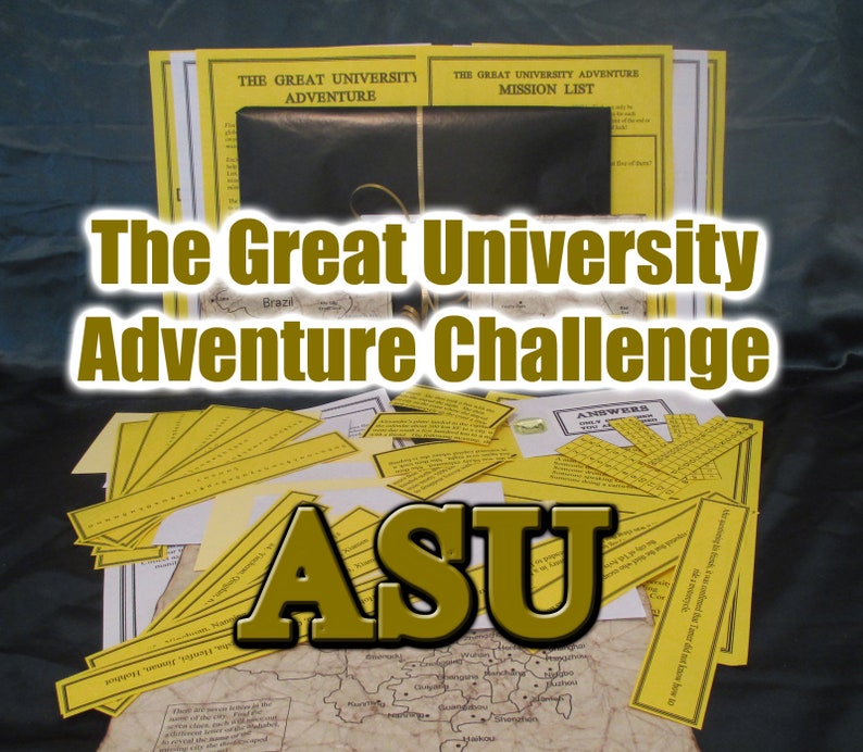 May include: A collection of yellow and white paper documents, including a map, mission lists, and answer sheets, are arranged on a dark surface. The text "The Great University Adventure Challenge" and "ASU" are prominently displayed. A black folder is also present.