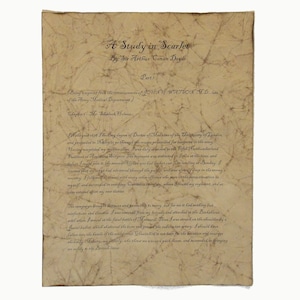 May include: A vintage, aged paper with the title "A Study in Scarlet" by Sir Arthur Conan Doyle. The text is in elegant script, with the paper showing signs of age and wear, creating a classic, antique aesthetic.
