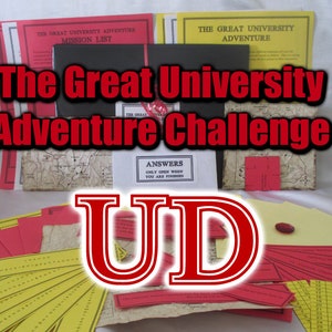 May include: A collection of adventure game materials, including red and yellow cards, maps, and booklets. The text "The Great University Adventure Challenge" is prominently displayed. The letters "UD" are also featured in a red and white design.