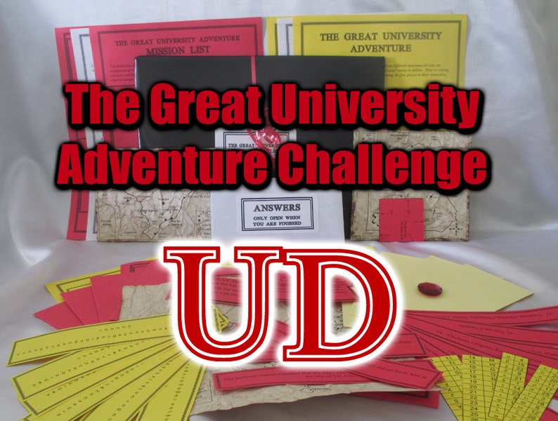 May include: A collection of adventure game materials, including red and yellow cards, maps, and booklets. The text "The Great University Adventure Challenge" is prominently displayed. The letters "UD" are also featured in a red and white design.