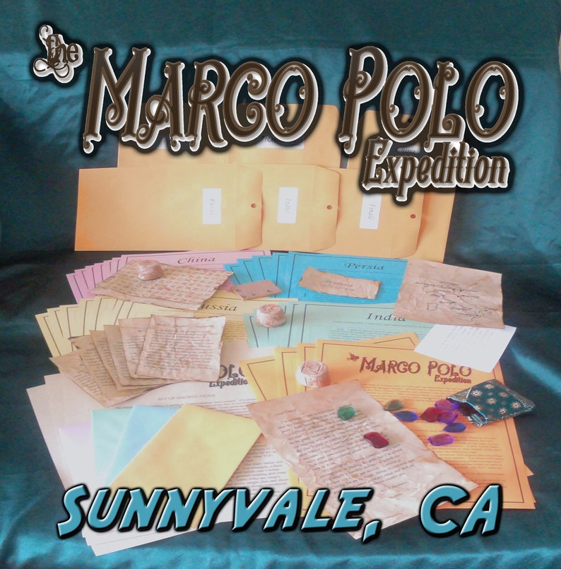 May include: A collection of aged paper documents and envelopes with the text "The Marco Polo Expedition" and "Sunnyvale, CA". The documents are labeled with countries like China, Persia, and India, suggesting a historical theme.
