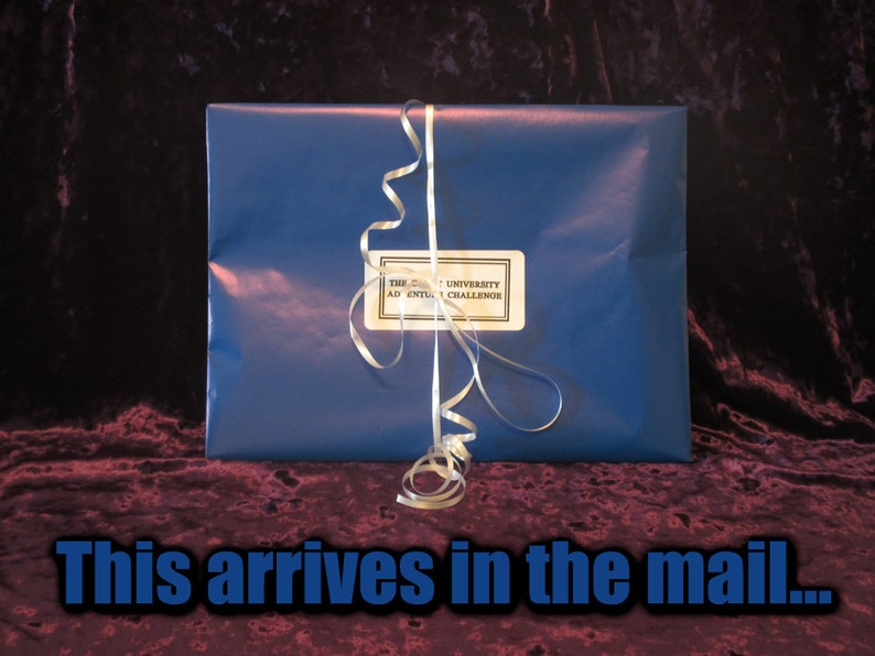 May include: A wrapped gift in blue paper with a white ribbon. A label on the front reads "The [University] Adventure Challenge." The text "This arrives in the mail..." is at the bottom of the image.