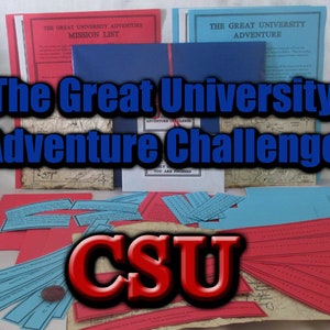 May include: A collection of adventure game materials, including red and blue paper elements, maps, and folders. The text "The Great University Adventure Challenge" is prominently displayed, along with "CSU".