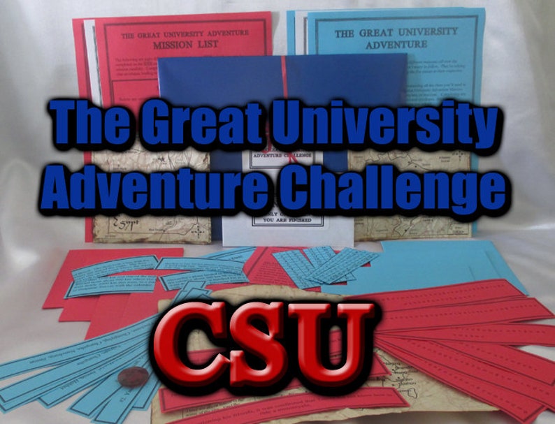 May include: A collection of adventure game materials, including red and blue paper elements, maps, and folders. The text "The Great University Adventure Challenge" is prominently displayed, along with "CSU".