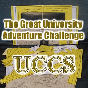 May include: A collection of yellow and cream-colored adventure game materials. The text "The Great University Adventure Challenge" is prominently displayed. Additional text includes "UCCS", "Adventure", and "Answers". The game includes maps and mission lists.