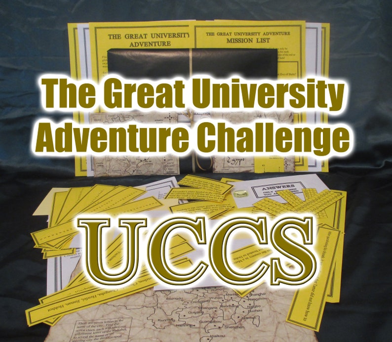 May include: A collection of yellow and cream-colored adventure game materials. The text "The Great University Adventure Challenge" is prominently displayed. Additional text includes "UCCS", "Adventure", and "Answers". The game includes maps and mission lists.