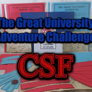 May include: The Great University Adventure Challenge game set. Includes red and blue paper elements with text, maps, and the letters "CSF" in red. The game features mission lists and answer sheets.
