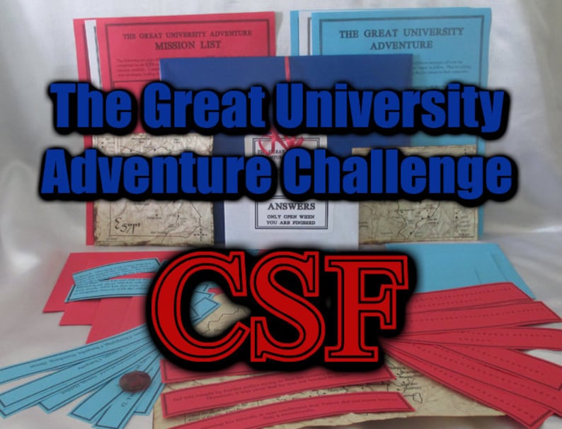 May include: The Great University Adventure Challenge game set. Includes red and blue paper elements with text, maps, and the letters "CSF" in red. The game features mission lists and answer sheets.