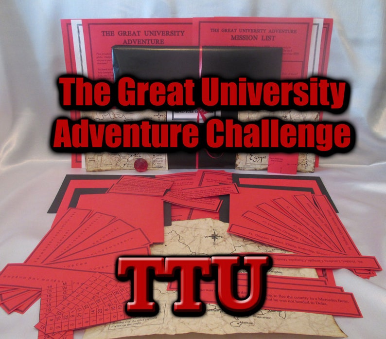May include: A collection of red and black paper items, including cards, maps, and documents, arranged on a white surface. The text "The Great University Adventure Challenge" is prominently displayed. The letters "TTU" are also visible.
