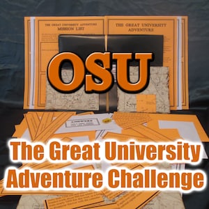 May include: An orange and black graphic with the letters "OSU" is the focal point of this image. The text "The Great University Adventure Challenge" is displayed below. Various orange and white papers and maps are arranged around the central graphic.