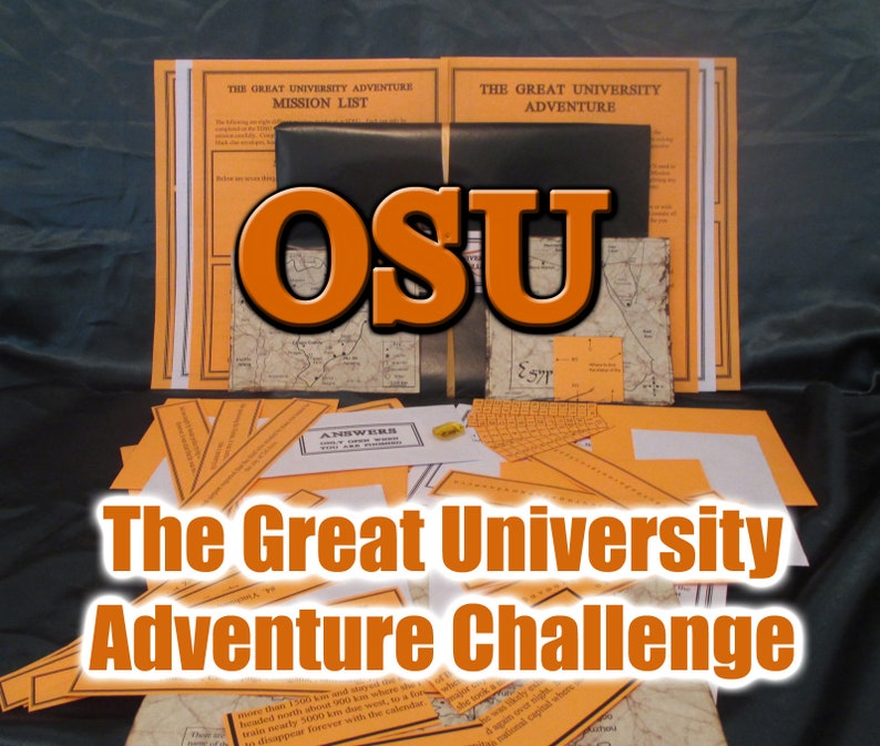 May include: An orange and black graphic with the letters "OSU" is the focal point of this image. The text "The Great University Adventure Challenge" is displayed below. Various orange and white papers and maps are arranged around the central graphic.