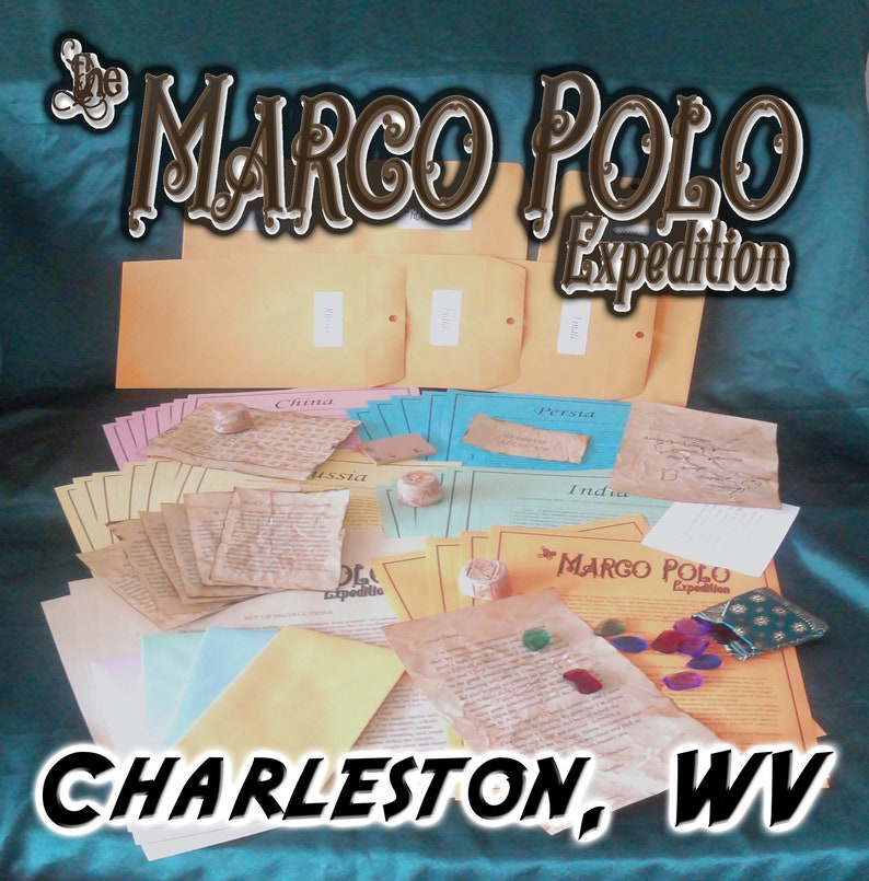 May include: An assortment of vintage-style paper ephemera, including envelopes, maps, and documents, with the text "The Marco Polo Expedition" and "Charleston, WV". The items are arranged on a teal surface.