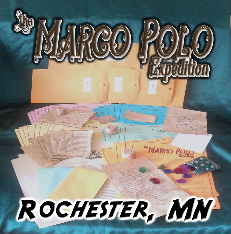 May include: A display of aged paper documents, maps, and envelopes, with the text "The Marco Polo Expedition" and "Rochester, MN". The items are arranged on a teal surface, suggesting a historical or educational theme.