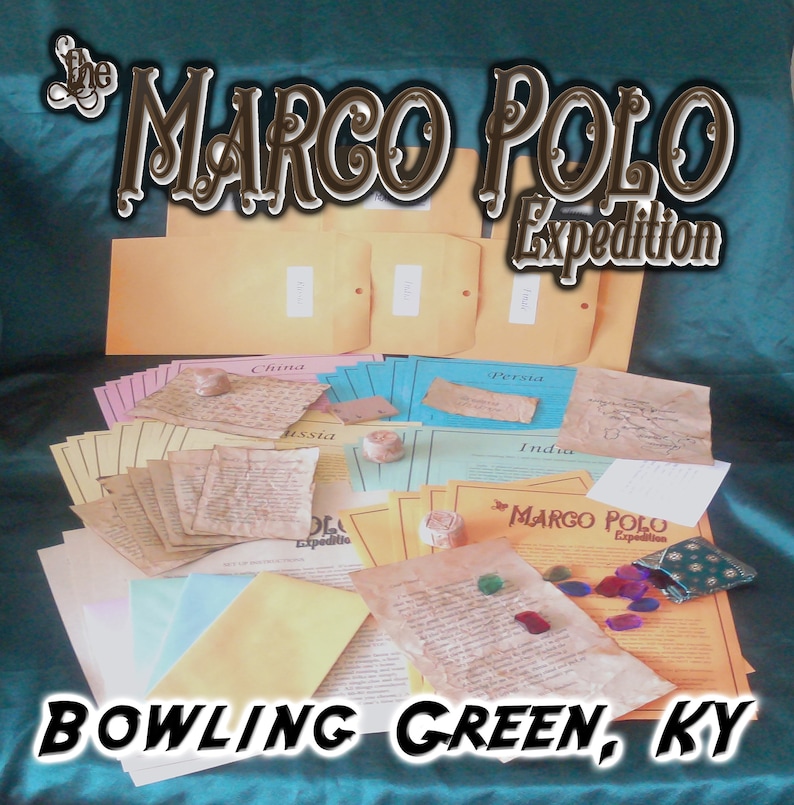 May include: A collection of aged paper documents and envelopes with the text "MARCO POLO Expedition" and "BOWLING GREEN, KY". The documents are labeled with countries like China, Persia, and India, suggesting a historical theme.