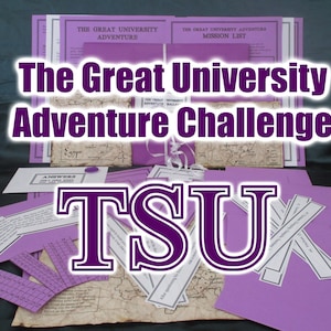 May include: A collection of purple paper documents and maps with the text "The Great University Adventure Challenge" and "TSU". The documents include mission lists, answer sheets, and map fragments, suggesting an adventure or puzzle game.