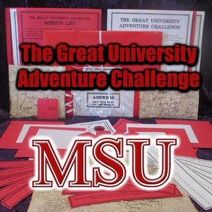 May include: A collection of adventure game materials, including red and white cards, maps, and envelopes. The text "The Great University Adventure Challenge" is prominently displayed. The letters "MSU" are also visible, suggesting a university-themed game.