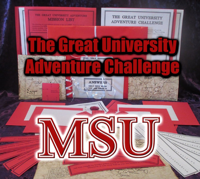 May include: A collection of adventure game materials, including red and white cards, maps, and envelopes. The text "The Great University Adventure Challenge" is prominently displayed. The letters "MSU" are also visible, suggesting a university-themed game.