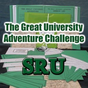 May include: A collection of green and tan paper items, including maps, cards, and envelopes, arranged on a dark surface. The text "The Great University Adventure Challenge" is prominently displayed, along with the letters "SRU".