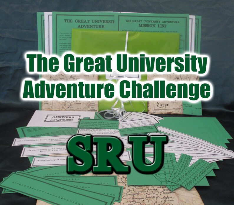May include: A collection of green and tan paper items, including maps, cards, and envelopes, arranged on a dark surface. The text "The Great University Adventure Challenge" is prominently displayed, along with the letters "SRU".