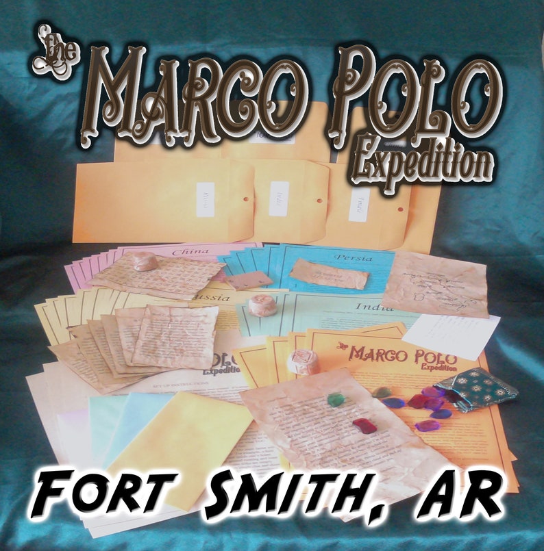 May include: A collection of aged paper documents, envelopes, and small trinkets. The text "The Marco Polo Expedition" and "Fort Smith, AR" are displayed. The documents are labeled with locations like China and Persia.