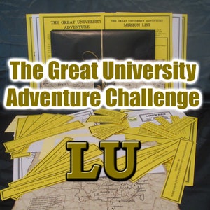May include: A collection of yellow and white paper documents, including a map, mission lists, and answer sheets. The text "The Great University Adventure Challenge" is prominently displayed. The letters "LU" are also visible.