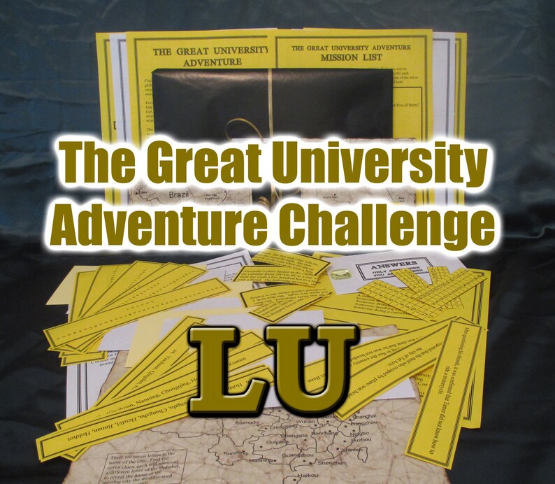 May include: A collection of yellow and white paper documents, including a map, mission lists, and answer sheets. The text "The Great University Adventure Challenge" is prominently displayed. The letters "LU" are also visible.