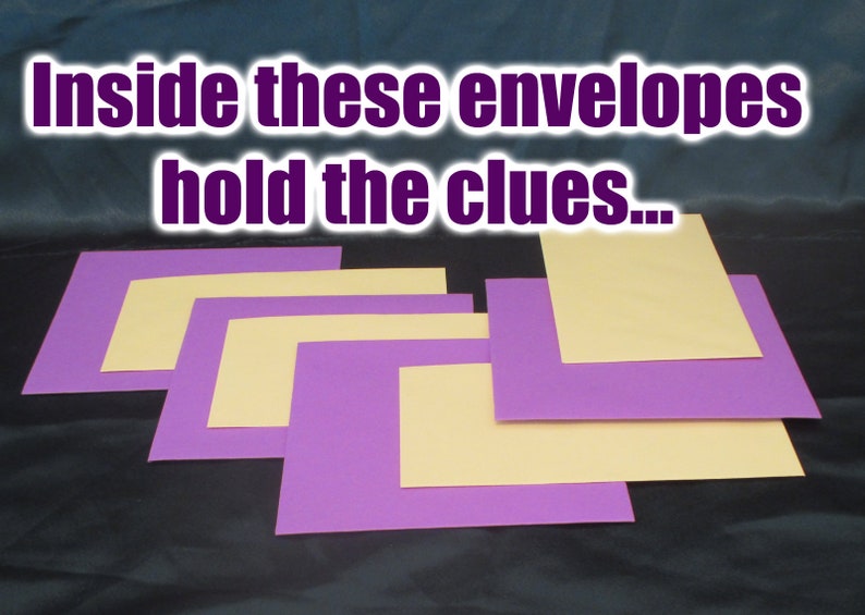 May include: An image with the text "Inside these envelopes hold the clues..." featuring several purple and light yellow rectangular envelopes. The envelopes are arranged in a layered pattern, with the light yellow envelopes nested within the purple ones.