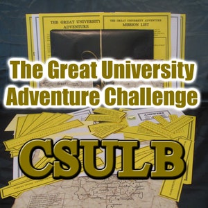 May include: A collection of yellow and white paper documents, maps, and a black folder. The text "The Great University Adventure Challenge" and "CSULB" are prominently displayed. The documents appear to be part of a game or educational activity.
